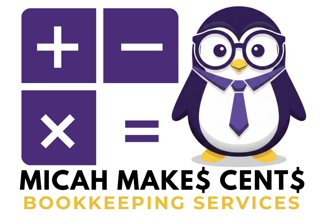 Penguin with glasses and tie standing next to a logo of addition, subtraction and multiplication above the words Micah Make$ Cent$ Bookkeepin Services.