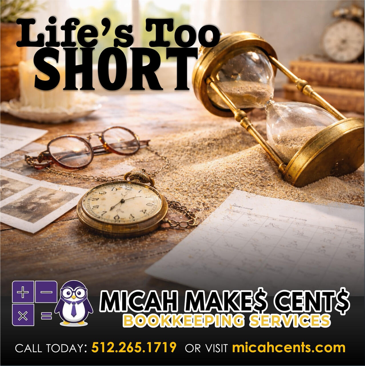 Penguin with glasses and tie standing next to a logo of addition, subtraction and multiplication above the words Micah Make$ Cent$ Bookkeepin Services.